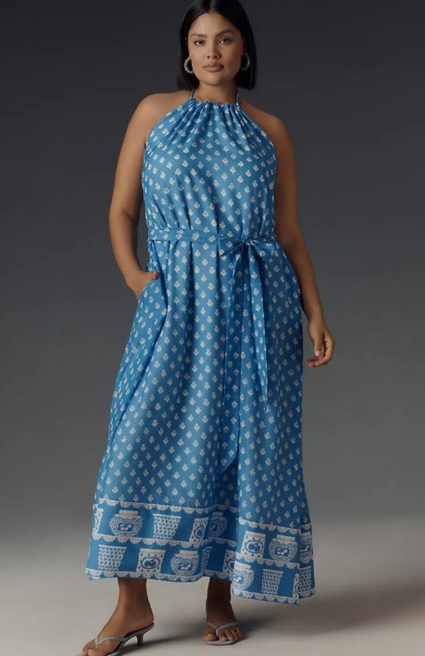 Rachel Antonoff Rainey Blue Halter Maxi Dress Cotton Silk - 2X
